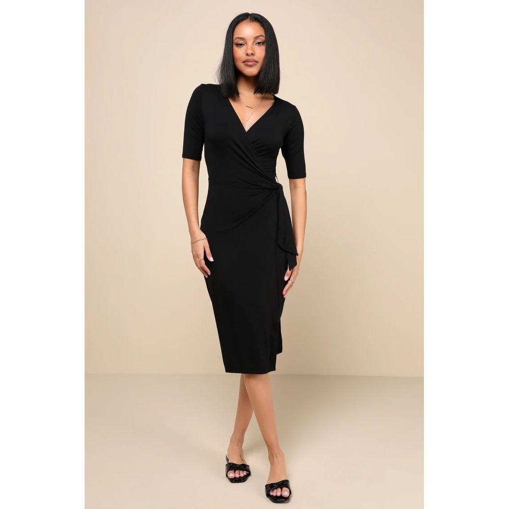Lulus Black Short Sleeve Faux Wrap Midi Dress V-Neck Sizeโ Medium